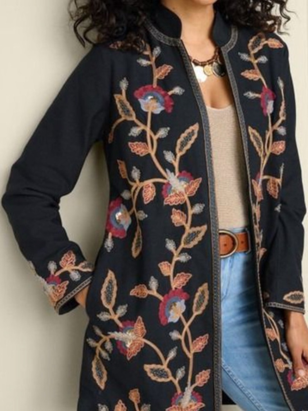 Soft Surroundings Womn S Black Boho Floral Embroidered Beaded Alamosa Jacket NWT - Picture 2 of 15